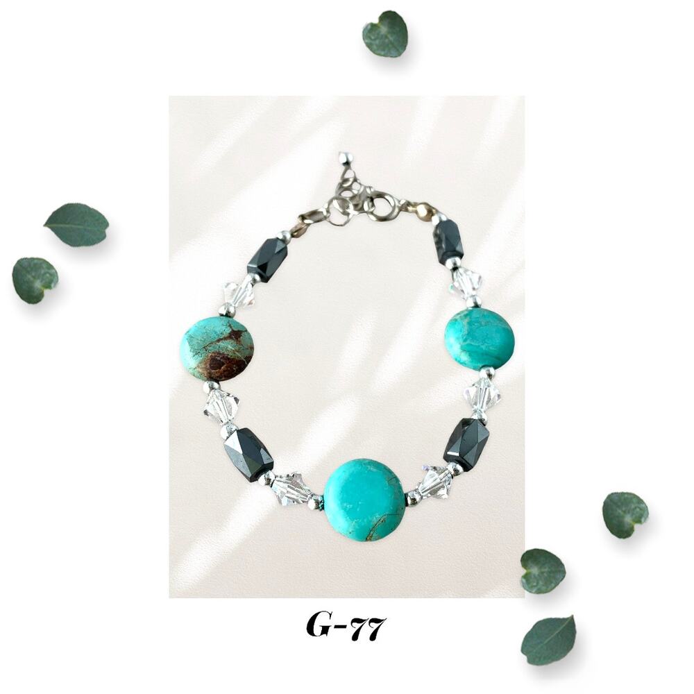 Turquoise Magnesite Gemstone Flat Coin Bracelet - Austrian Crystal